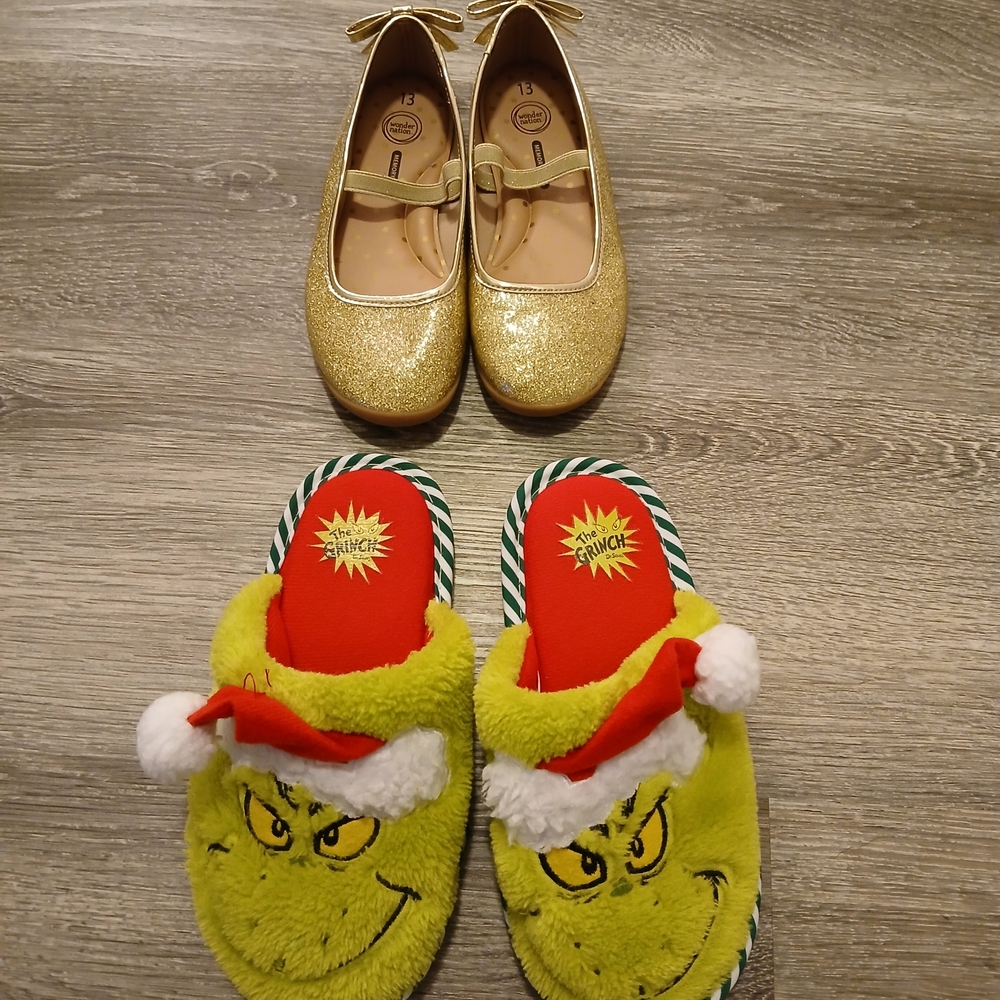 Gold Glitter Flats and Grinch Slippers